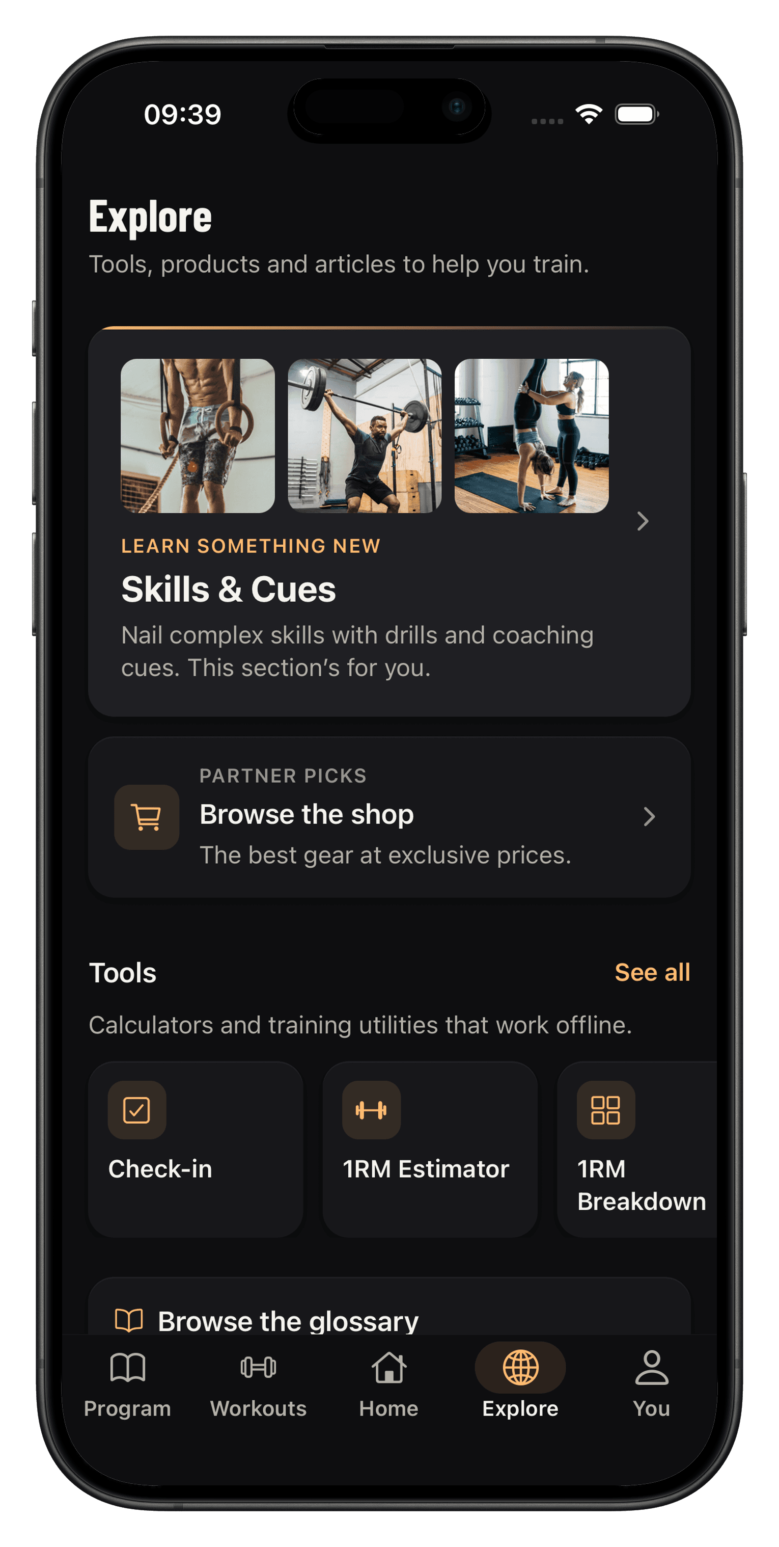 Explore tab with Skills and Cues, the shop, and offline tools