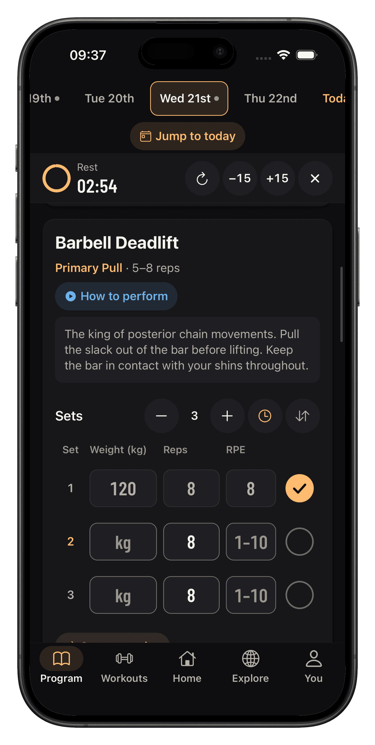Deadlift set logged at 120 kg while the rest timer counts down