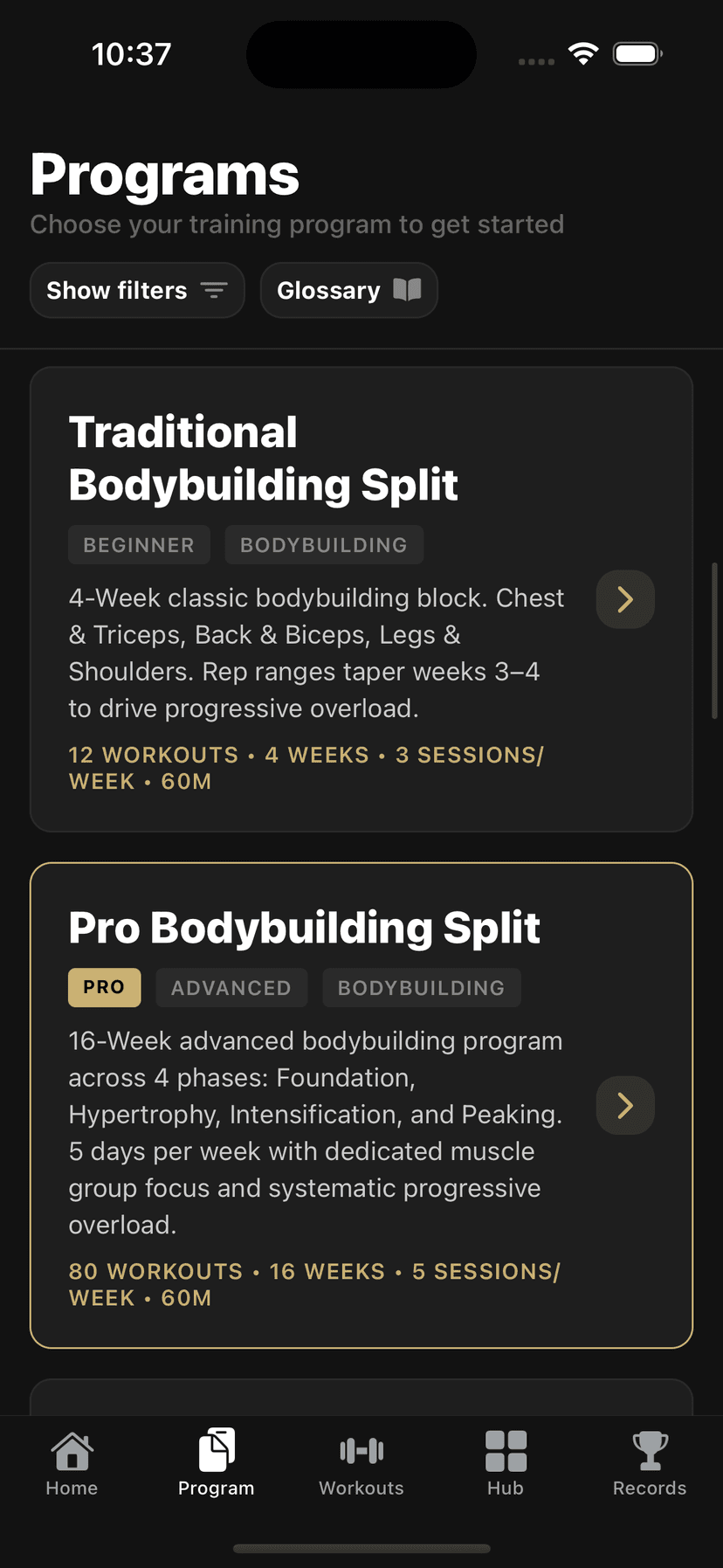 Tempered Strength programs screen