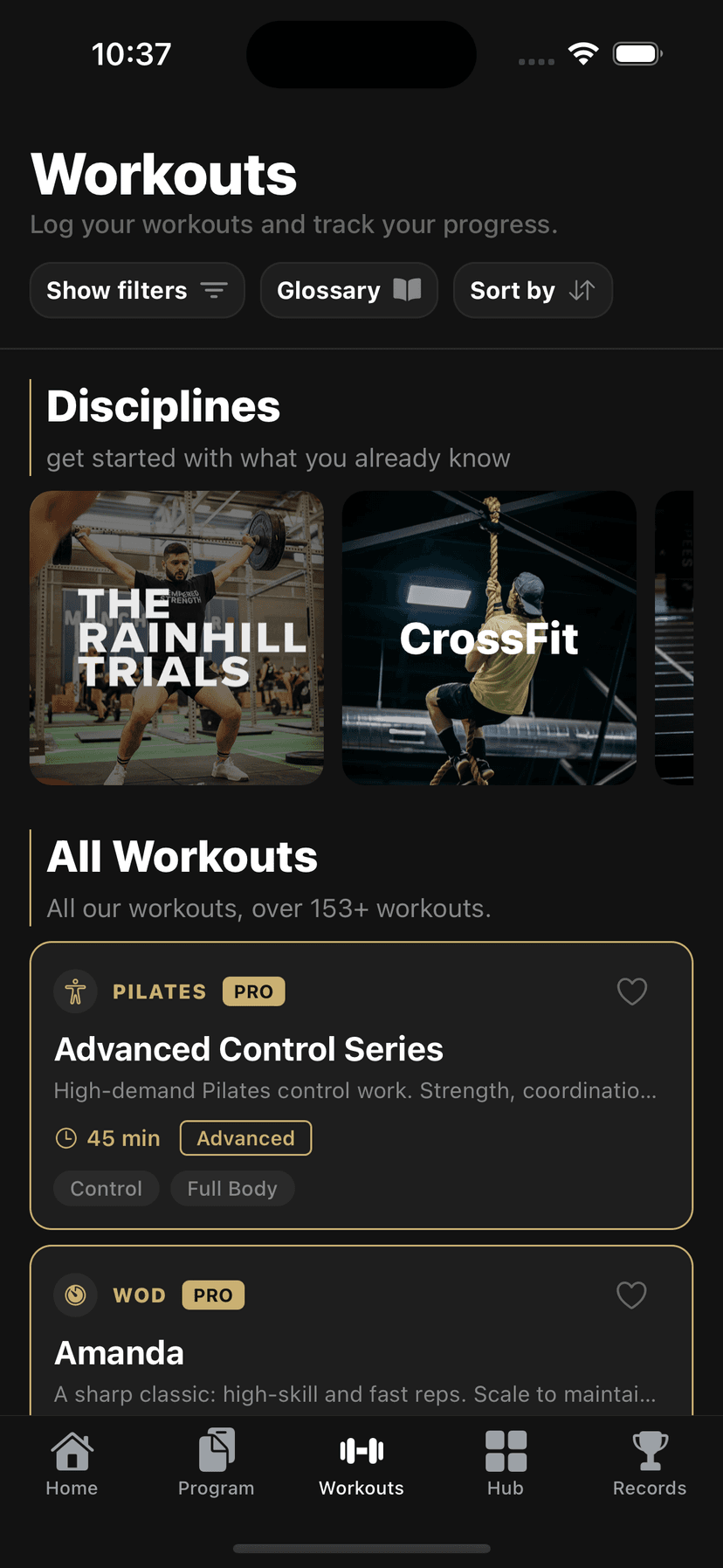 Tempered Strength on-demand workouts screen